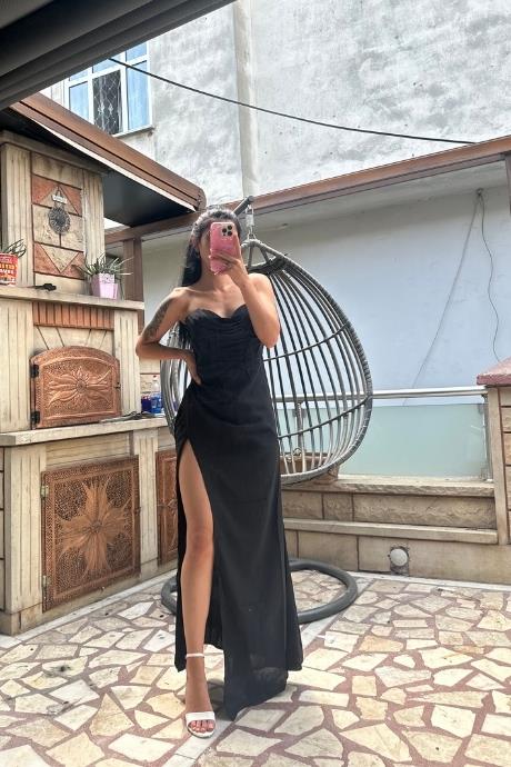 Degaje Yaka uzun Askılı Abiye Model Elbise Siyah