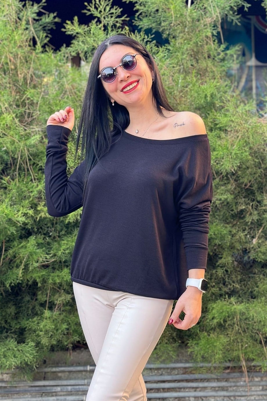 Kayık Yaka Oversize Uzun Kol Bluz