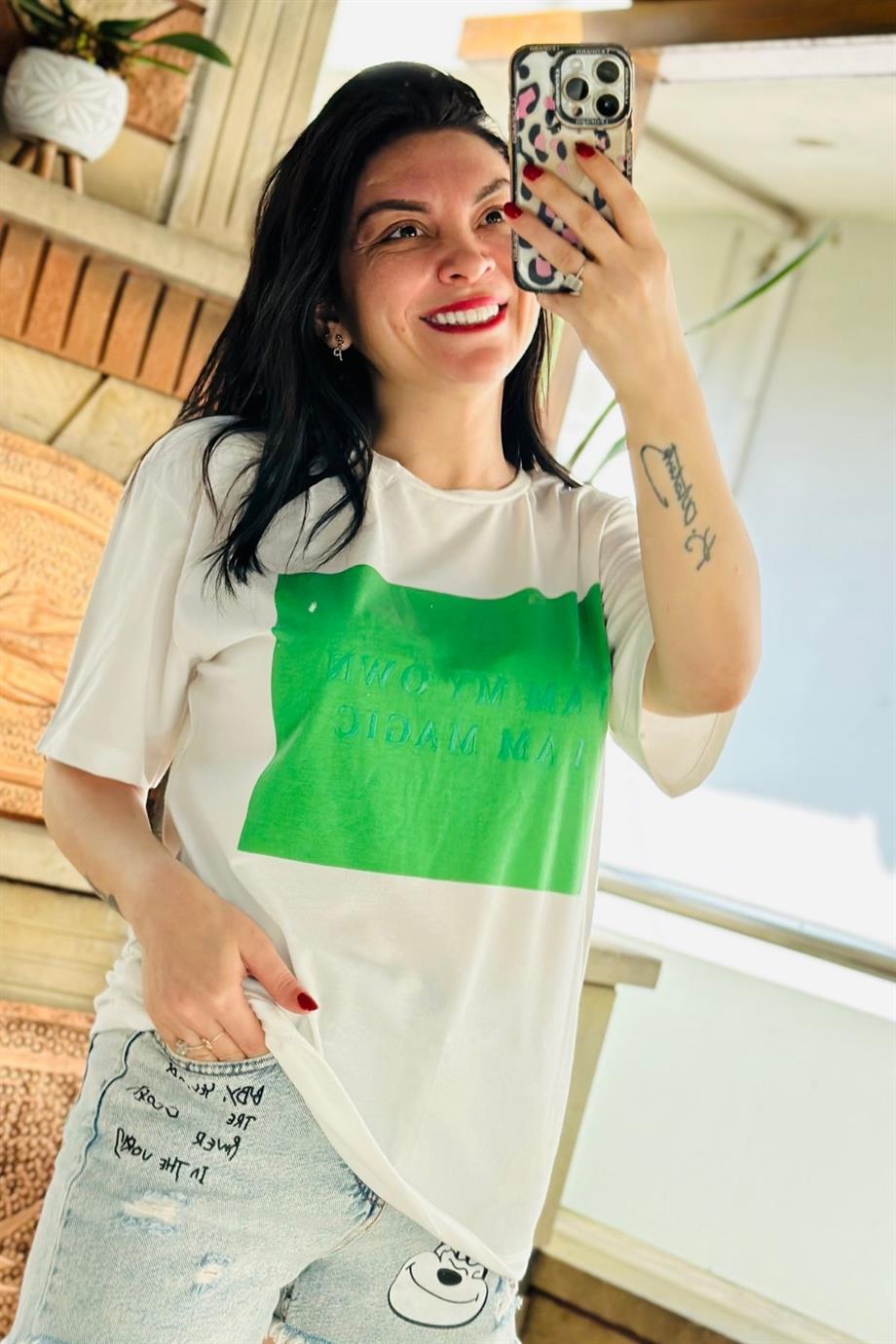 Bisiklet Yaka Kare Yazı Baskılı Tshirt ZÜMRÜT YEŞİL
