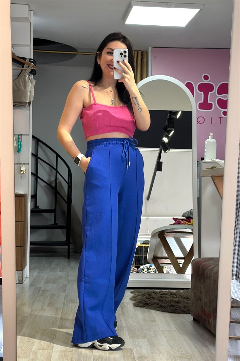 Yüksek Bel Bağcıklı Ön Çımalı Palazzo Eşofman Altı Saks