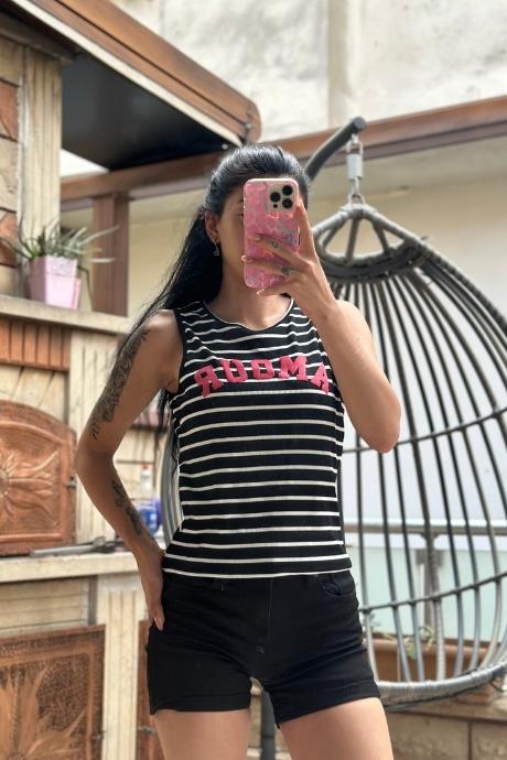 Çizgili Amour Yazı Baskılı Atlet Crop