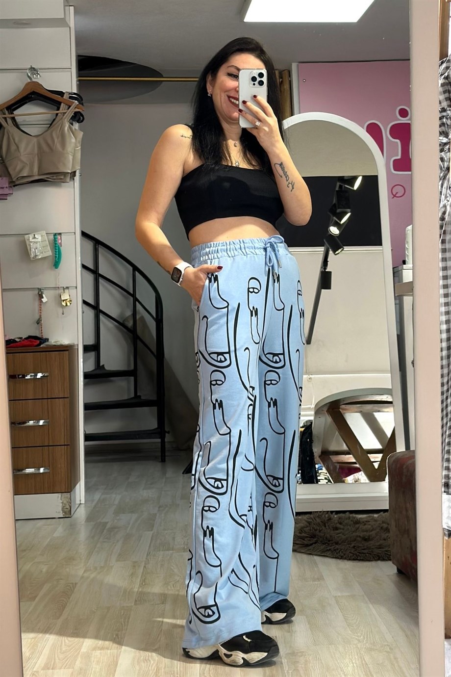 Slüet Baskılı Palazzo Model Rahat Kalıp Eşofman Mavi