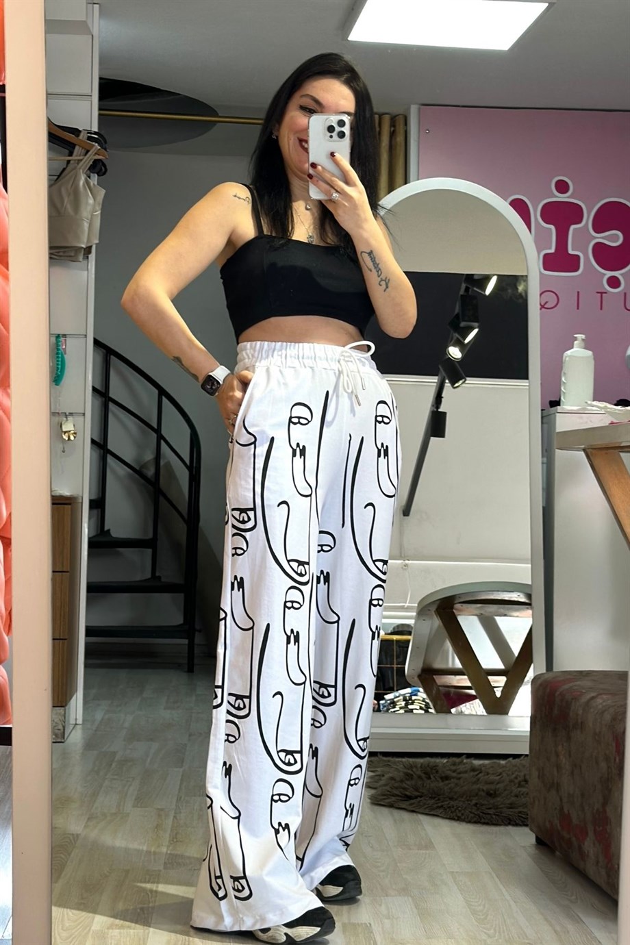 Slüet Baskılı Palazzo Model Rahat Kalıp Eşofman Beyaz