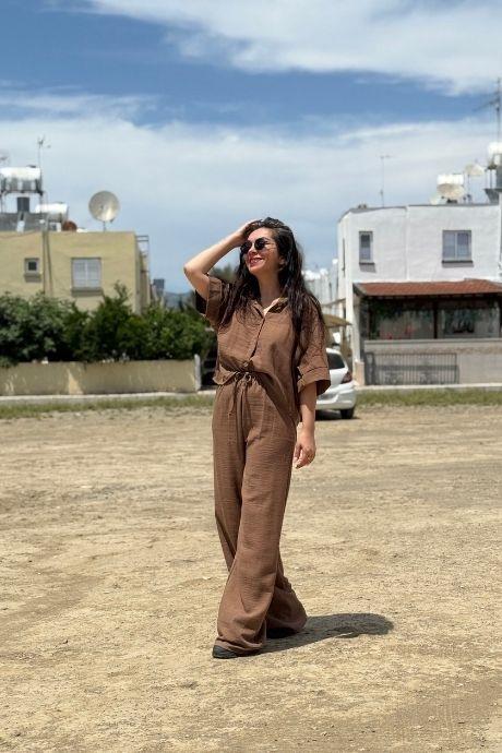 Gömlek Pantolon Keten Takım Panotolon Bel Lastikli Kahverengi