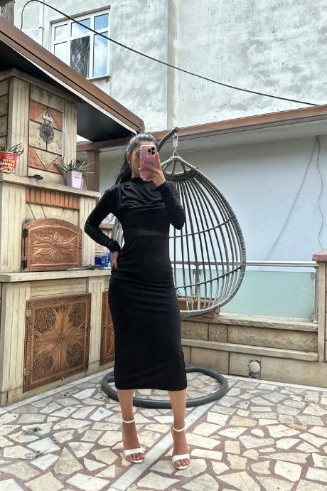Dik Yaka Büzgülü Transparan Detaylı Elbise Siyah