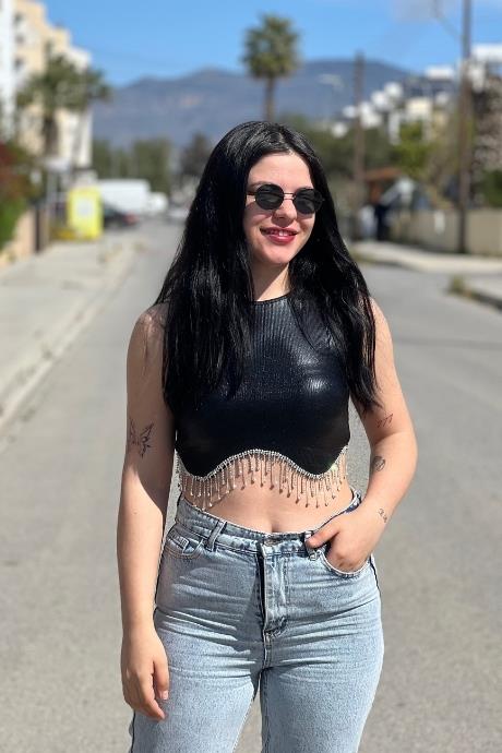 Etek Taş Zincir Detaylı Halter Yaka Crop Siyah