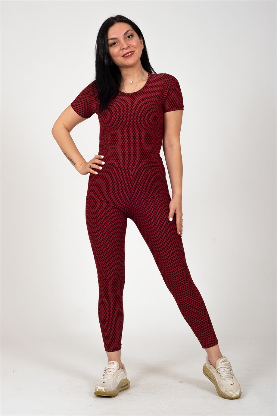 Bordo Minik Kare Desenli Bluz Tayt Brezilya Takım