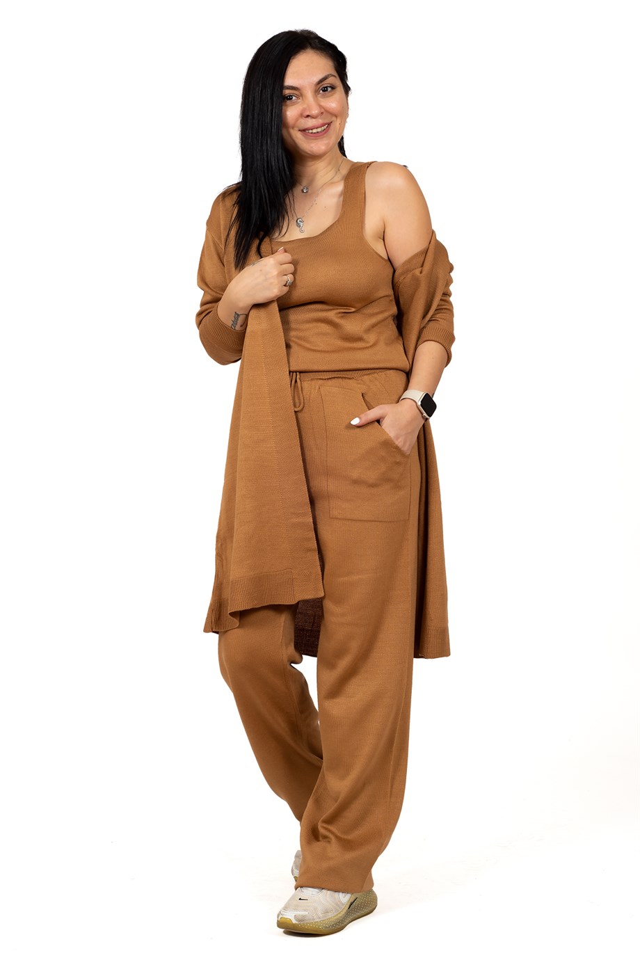 Camel Beli Lastik Bağcıklı Crop Hırka Palazzo Pantolon 3'lü Triko Takım