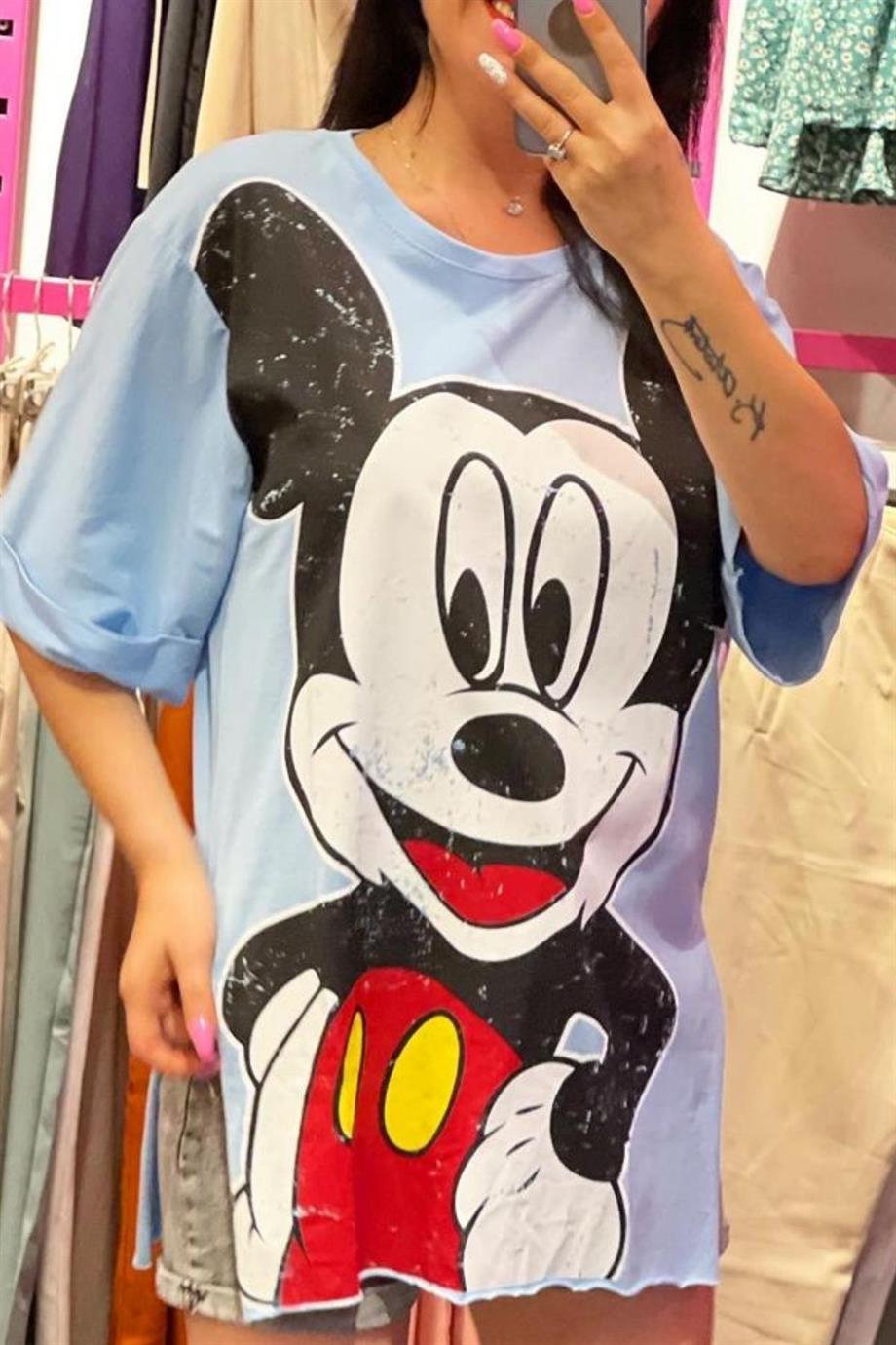 Bebe Mavi Bisiklet Yaka Karakter Baskılı Eskitme Rahat Kalıp Salaş T-shirt