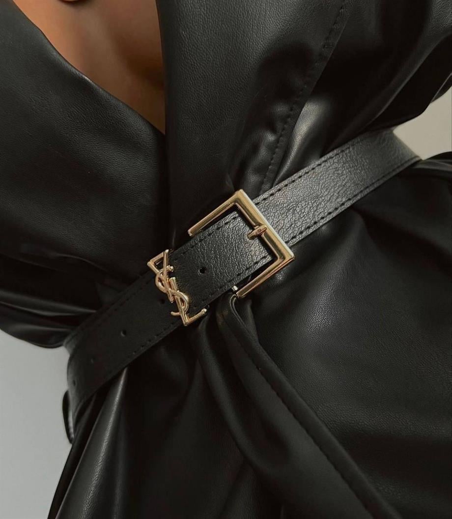 YSL Toka Detaylı Düz Deri Kemer GOLD