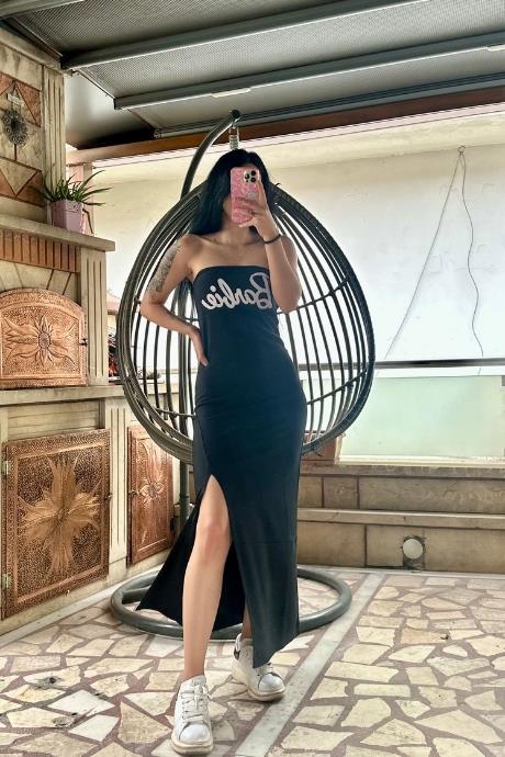 Straplez Model Barbie Baskılı Uzun Elbise Siyah