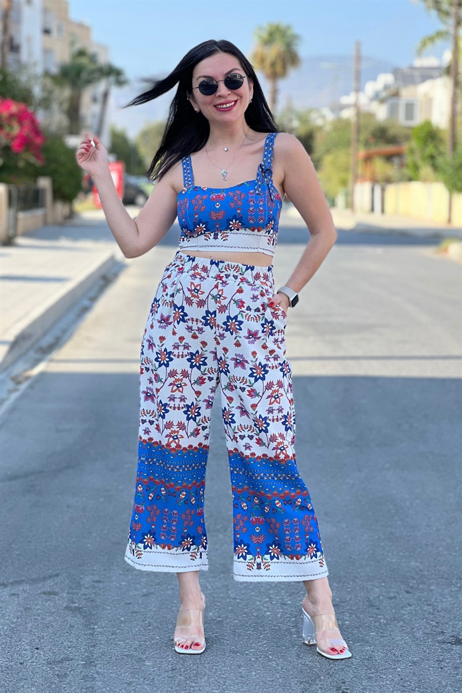 Mavi Askılı Crop Cepli Rahat Keten Pantolon Takım