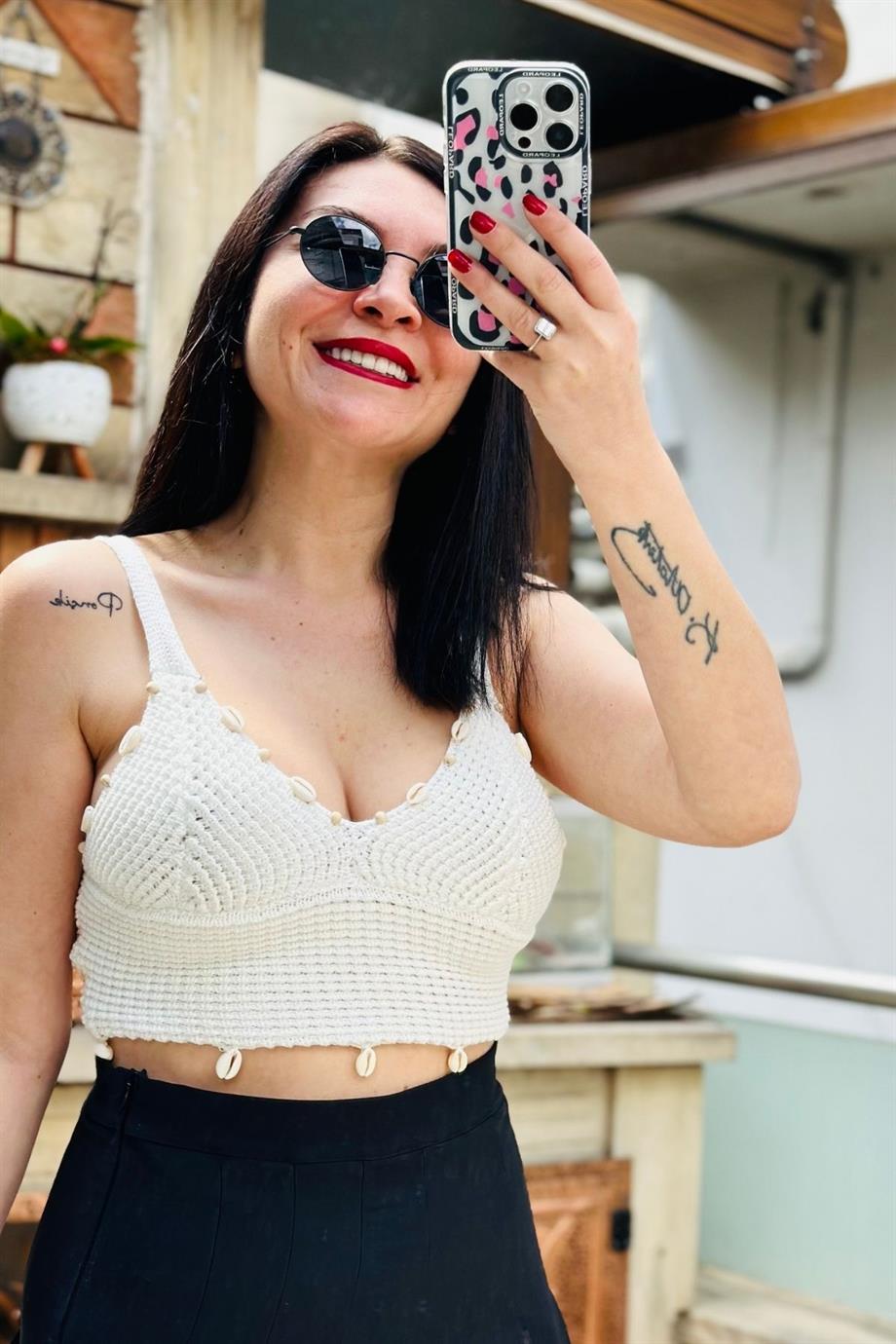 Askılı Deniz Taşı Süslemeli Örme Krop EKRU