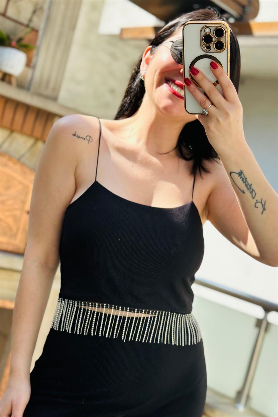Lastik Askılı Fitil Detaylı Eteği Taş Püskllü Crop SİYAH