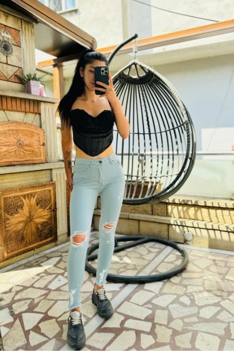 Buz Mavi Yırtık Detaylı Skinny Jean