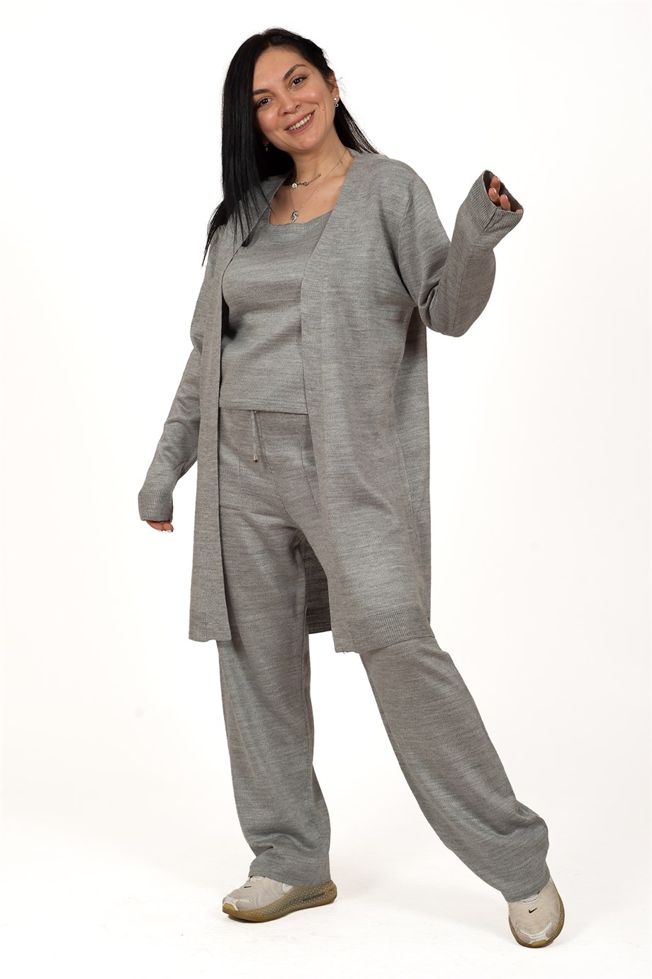 Gri Beli Lastik Bağcıklı Crop Hırka Palazzo Pantolon 3'lü Triko Takım