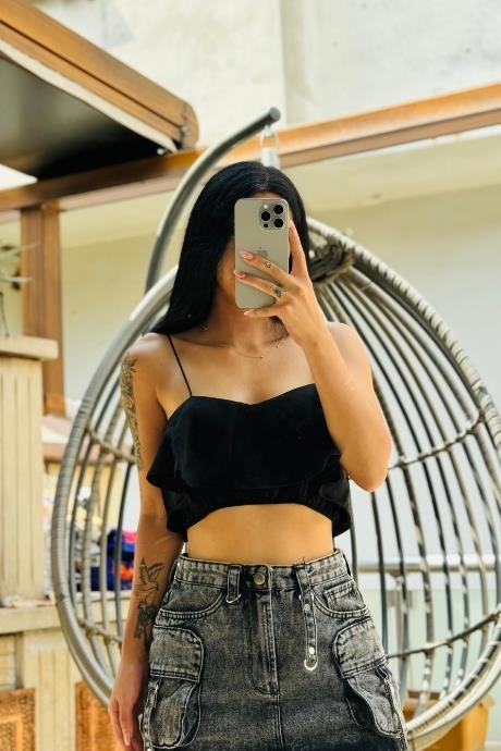 İnce Askılı Fırfır Crop Siyah