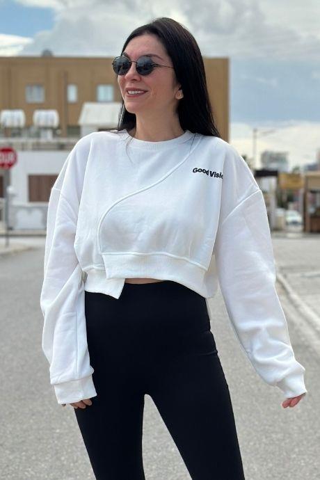 Good Vision Yazı Baskılı Bel Lastikli Crop Model Sweatshirt BEYAZ