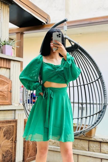 Balon Kol Model Karın Dekolteli Elbise Yeşil