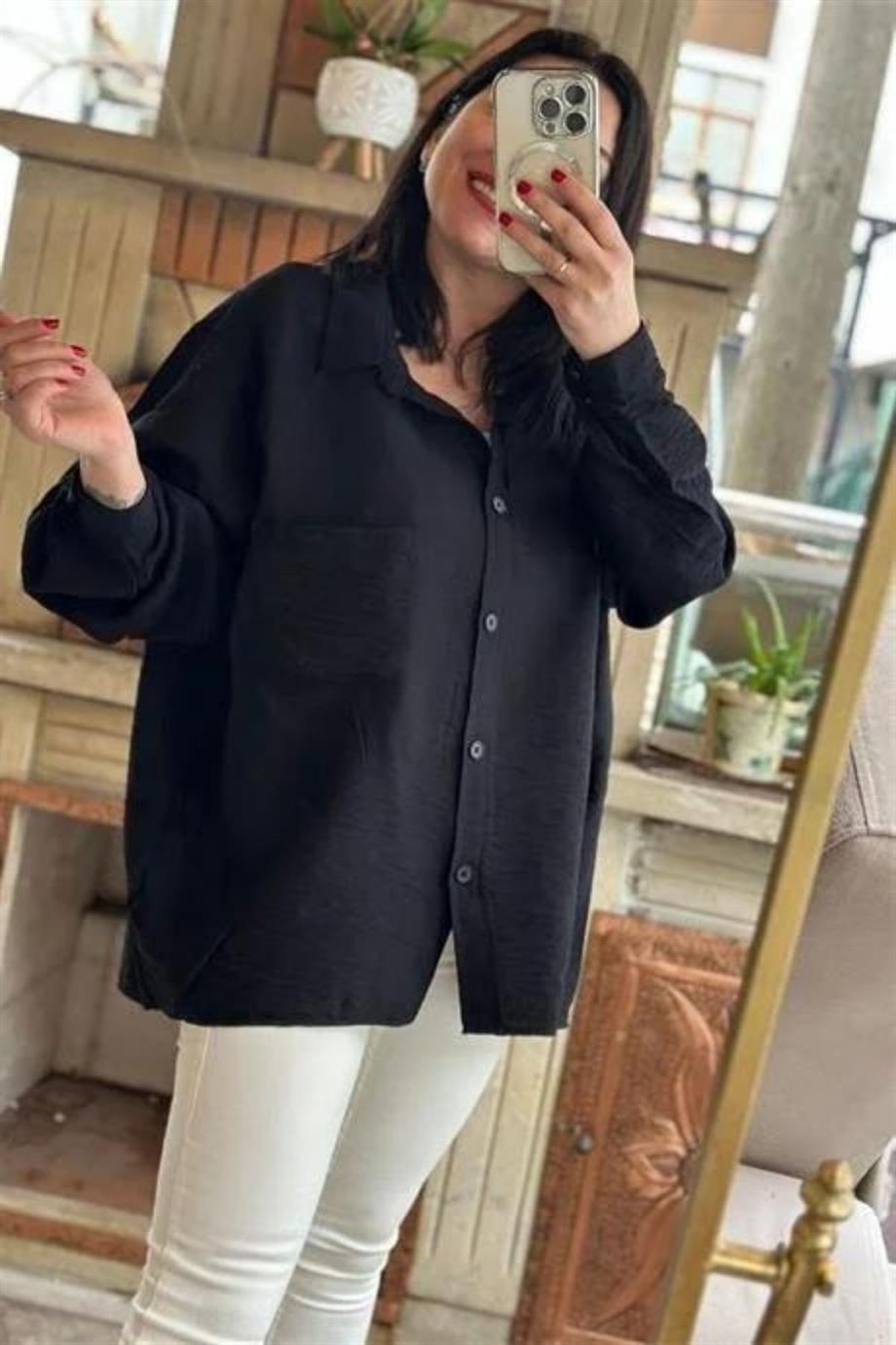 Salaş Oversize %100 Pamuklu Keten Kumaş Gömlek SİYAH