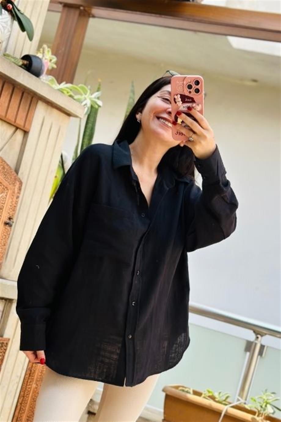 Pamuklu Kumaş Gömlek SİYAH