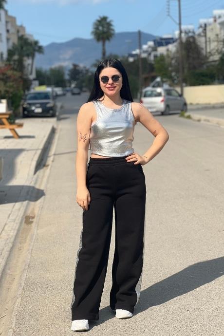 Beli Lastikli Palazzo Paça Yanları Gümüş Çizgili Eşofman