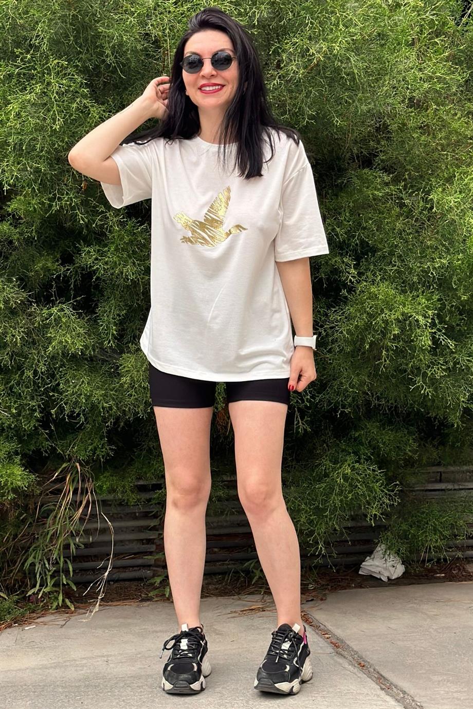 Bisiklet Yaka Simli Parlak Kuş Baskılı Tshirt SARI