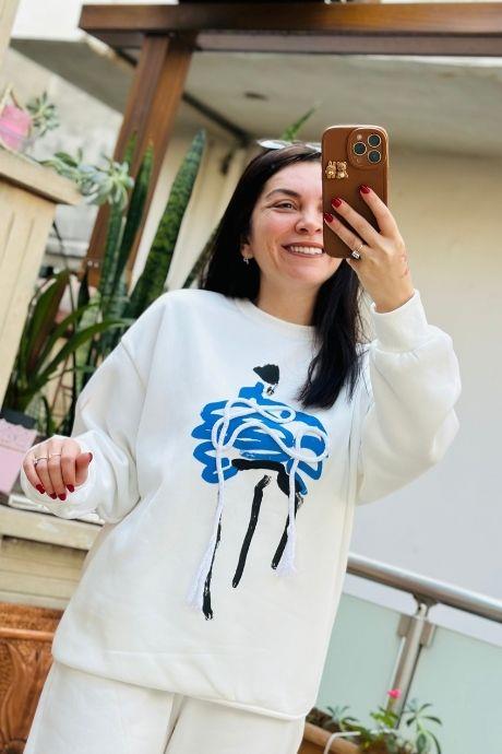 İp Nakış Detaylı Bisiklet Yaka Baskılı Sweatshirt EKRU