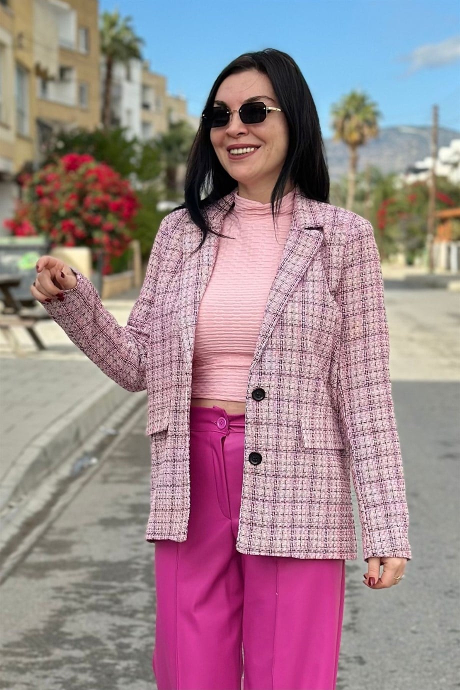 Tüvit Düğmeli Astarlı Blazer Ceket Pembe