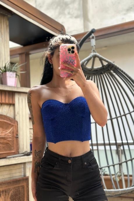 Sırt İp Detaylı Simli Korse Crop Saks