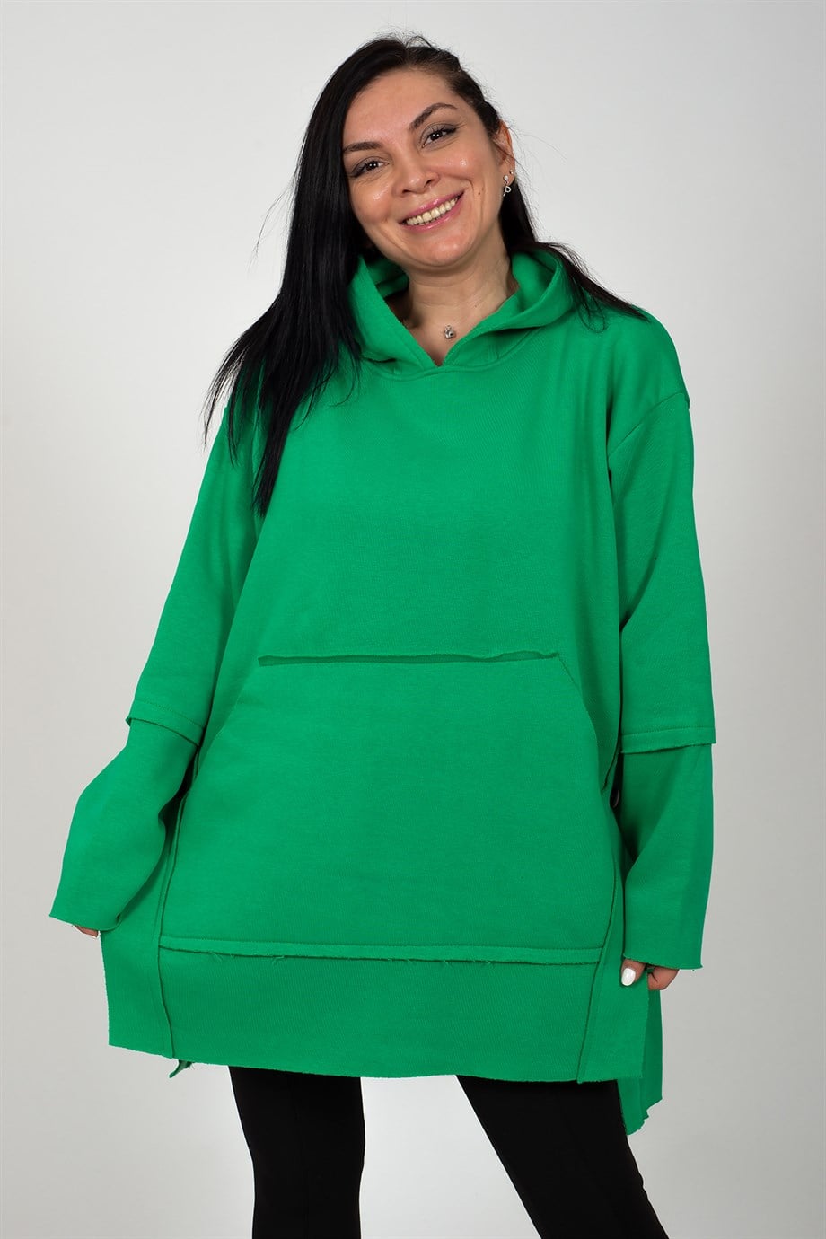 Yeşil Kapüşonlu Kangu Cepli Yan Düğme Detaylı Oversize 3 İplik Sweatshirt