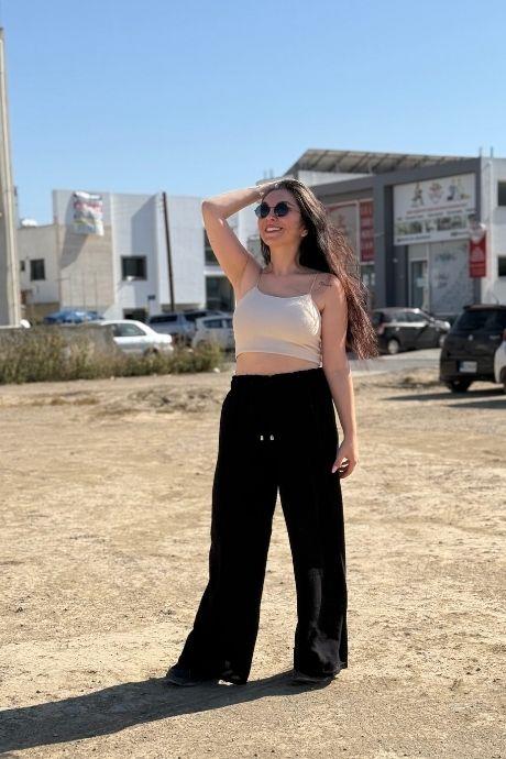 Bel Lastikli Palazzo Model Ayrobin Kumaş Pantolon Siyah