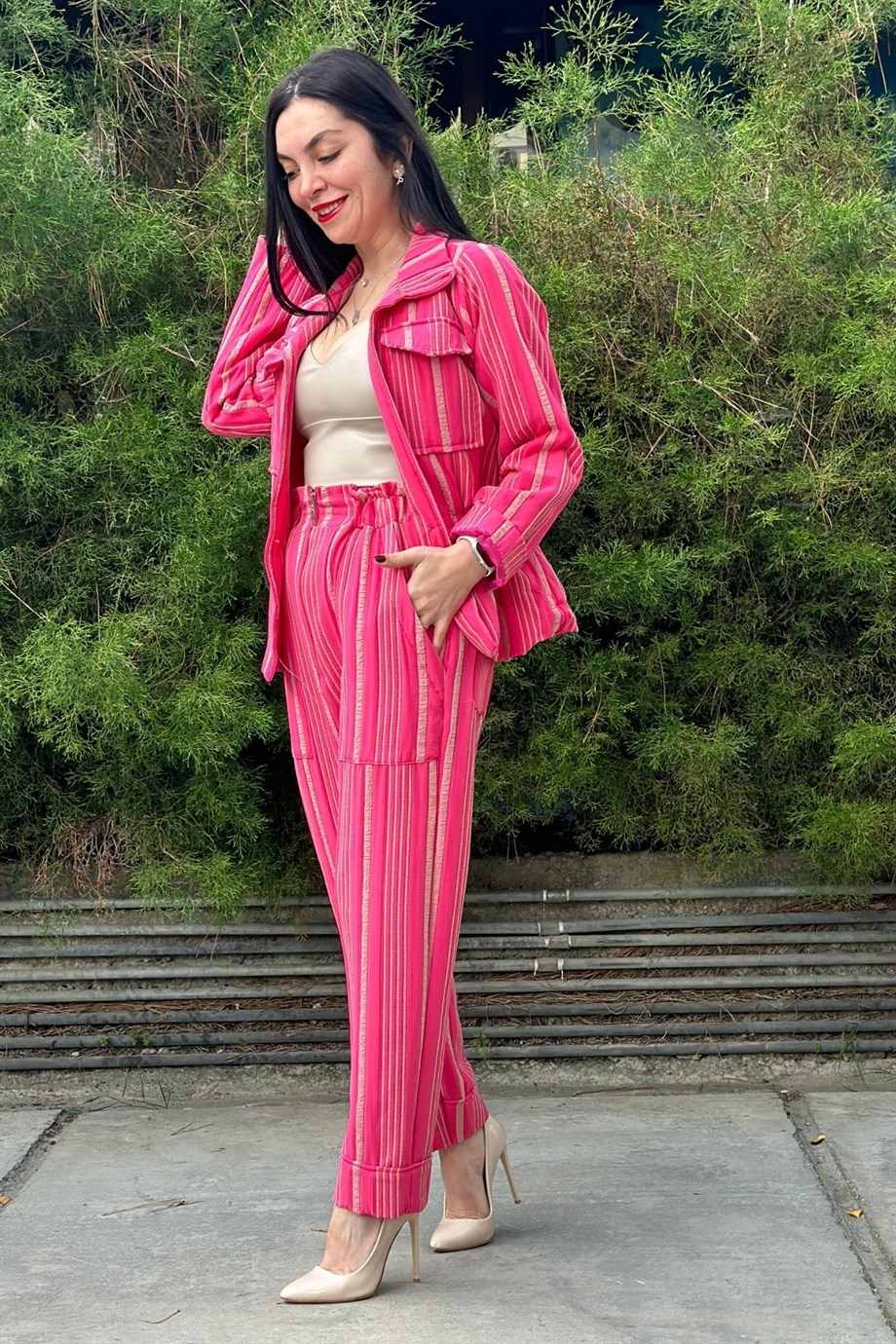 Bel Lastik Tek Düğmeli Astarlı Çizgili Blazer Ceket Fuşya