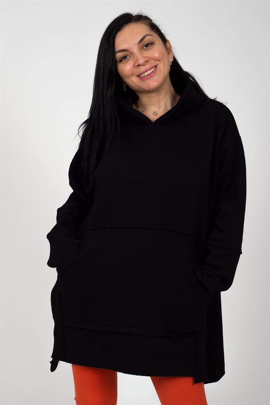 Siyah Kapüşonlu Kangu Cepli Yan Düğme Detaylı Oversize 3 İplik Sweatshirt
