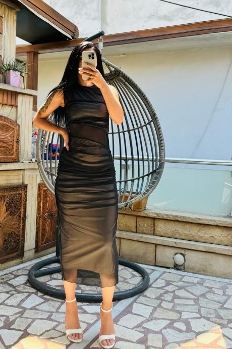 Sıfır Kol Model Astarlı Transparan Görünümlü Elbise Siyah