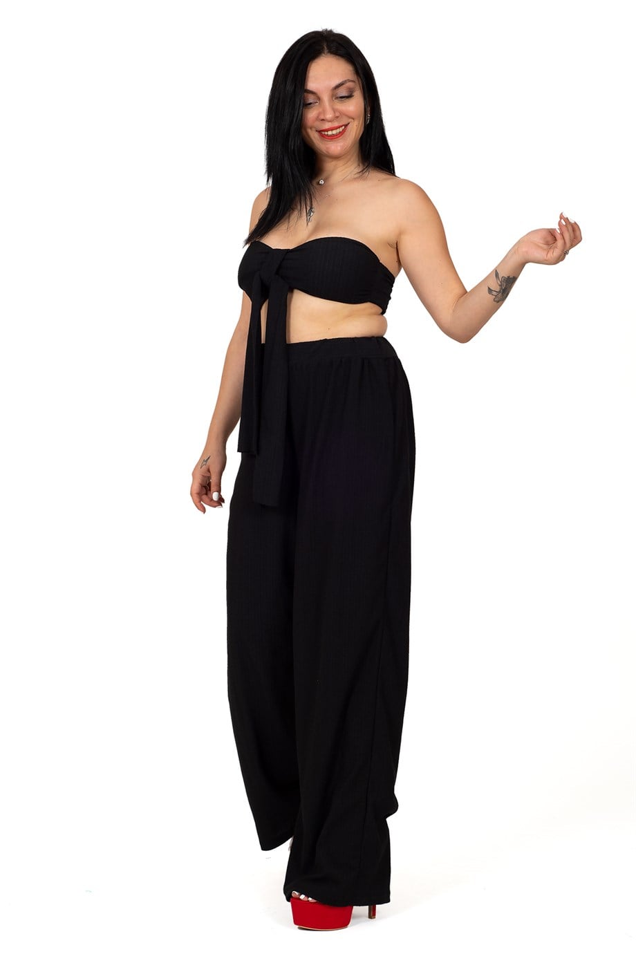 Siyah Straplez Göğüs Petli Crop Beli Lastikli Palazzo Pantolon Takım 