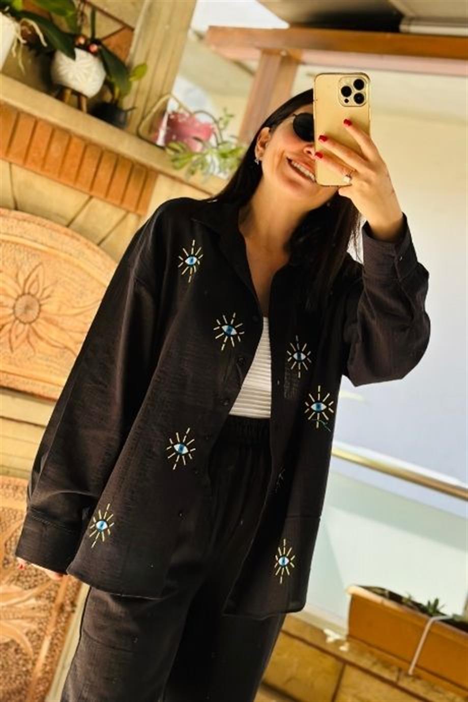 Göz Nakış İşlemeli Keten Gömlek SİYAH