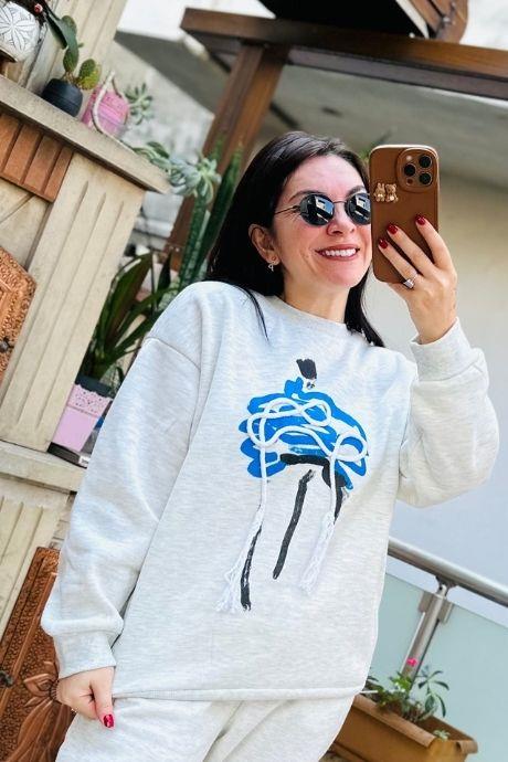 İp Nakış Detaylı Bisiklet Yaka Baskılı Sweatshirt TAŞ