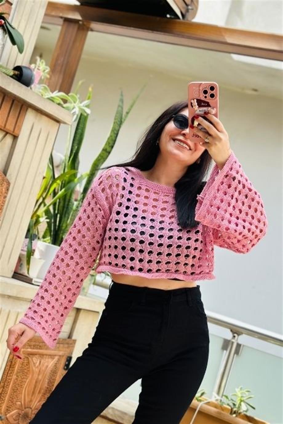 Delikli Triko Kazak PEMBE