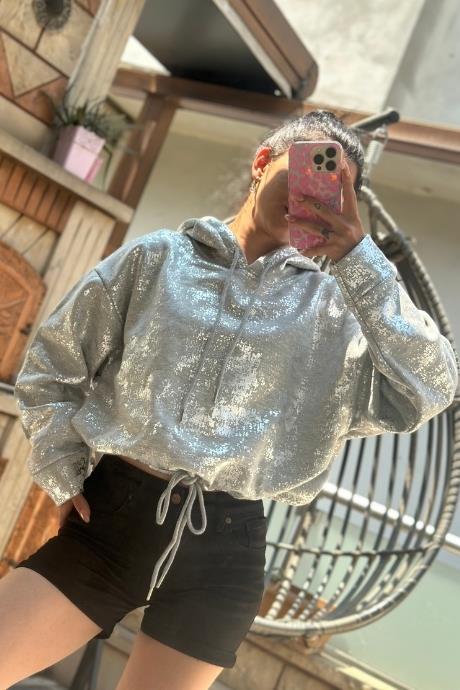Yaldız Detaylı Salaş Sweatshirt Gri