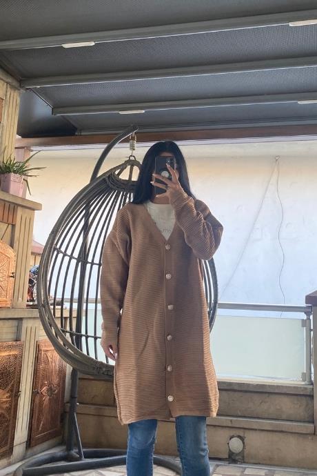 Düğme Detaylı Uzun Triko Hırka Camel