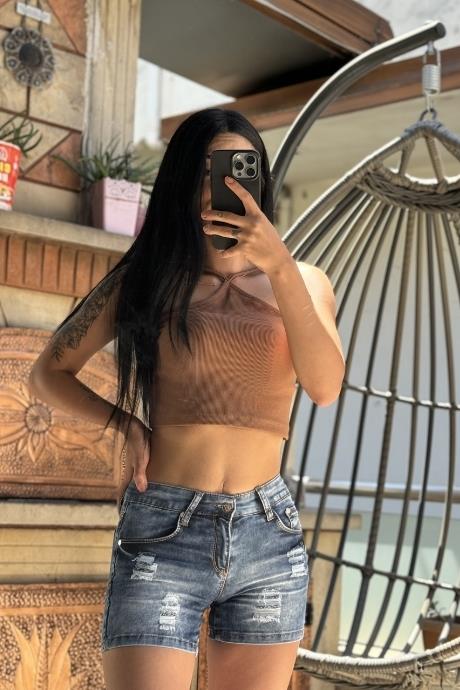 İp Askılı Kaşkorse Crop Kahverengi