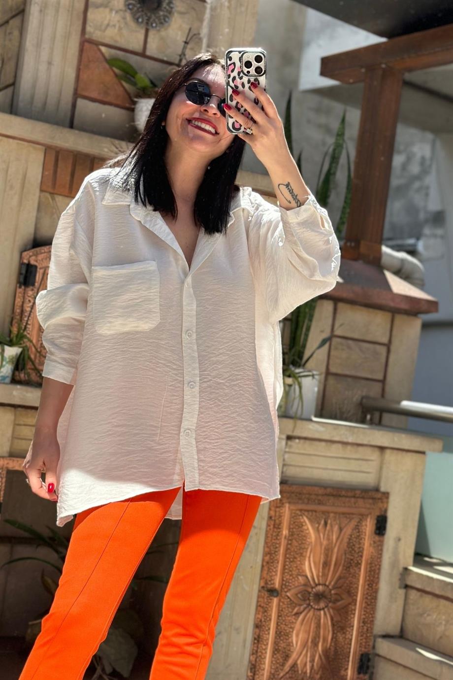 Salaş Oversize %100 Pamuklu Keten Kumaş Gömlek EKRU