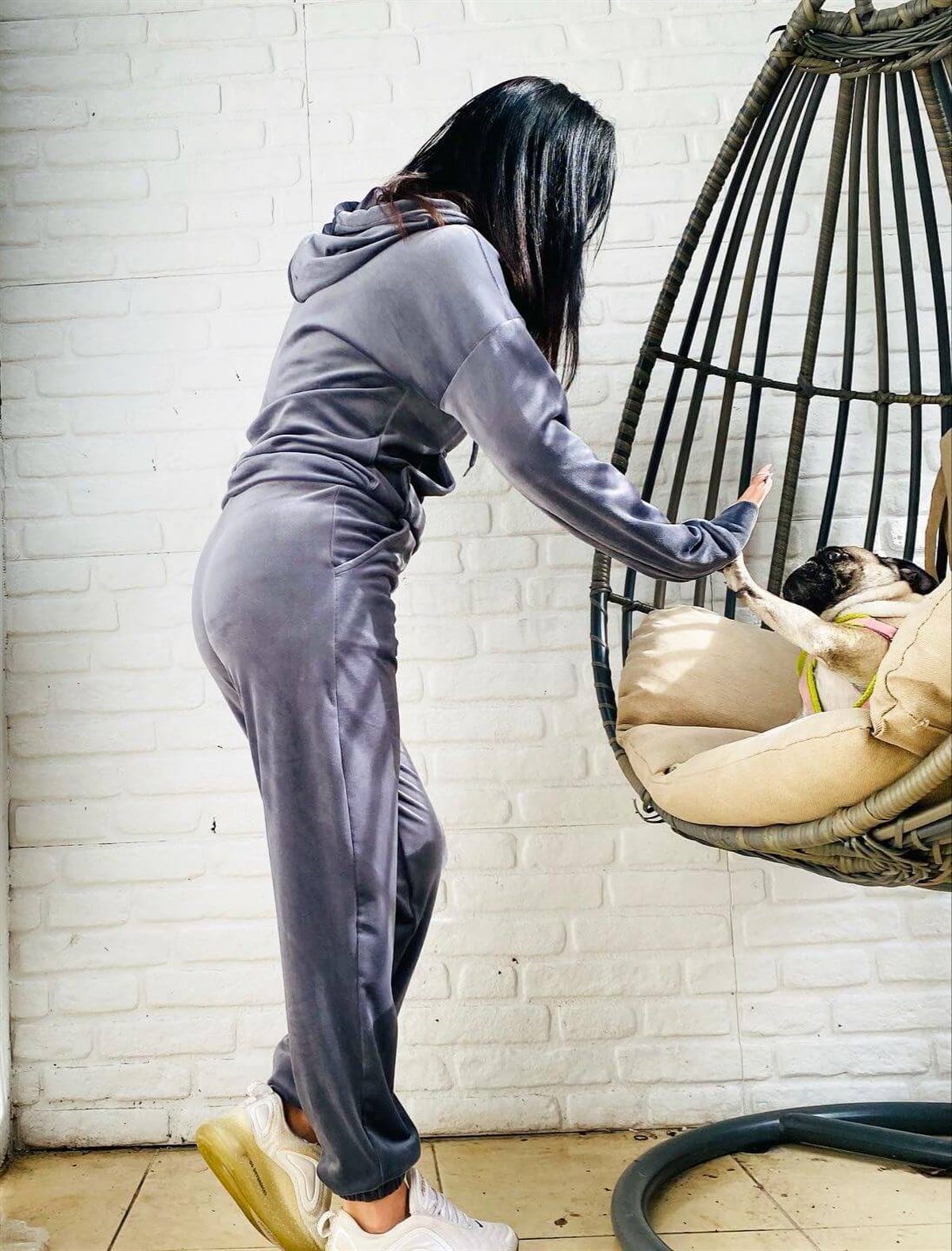 Antrasit Kapişonlu Kadife Takım