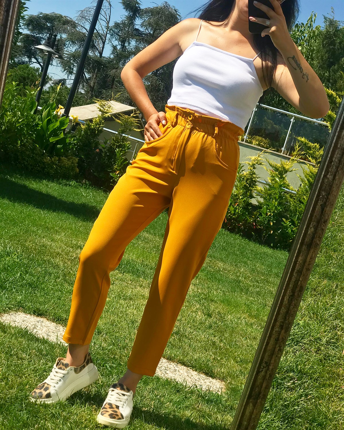Atlas Beli Lastikli Çift Düğmeli Hardal Pantolon