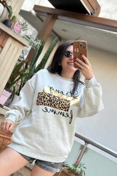 Leopar Ve Yazı Baskılı İçi Şardonlu Bisiklet Yaka  Sweatshirt TAŞ