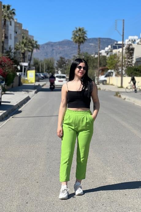 Beli Lastikli Bol Paça Yeşil Pantolon