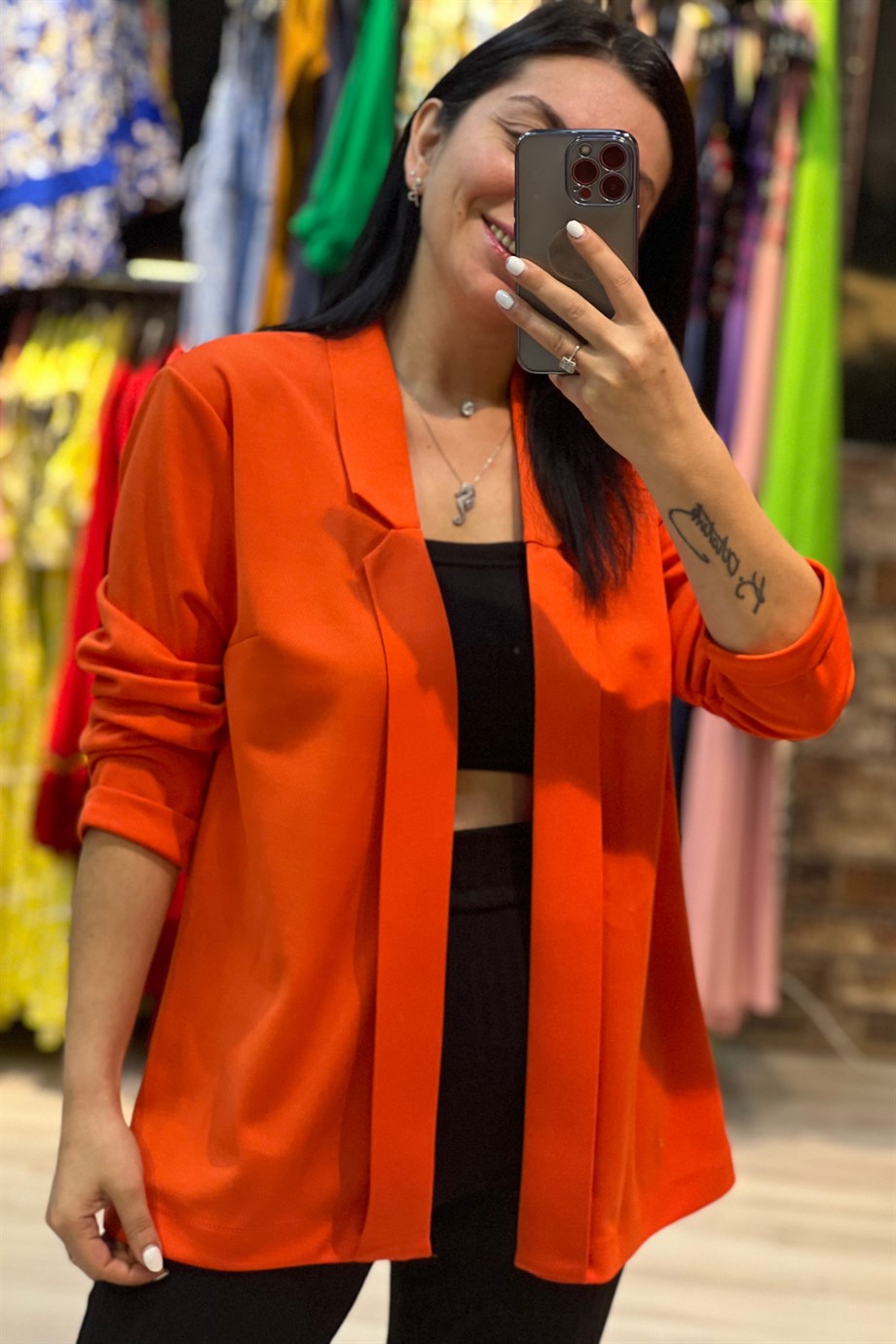 Turuncu Duble Yaka Duble Kol Blazer Ceket