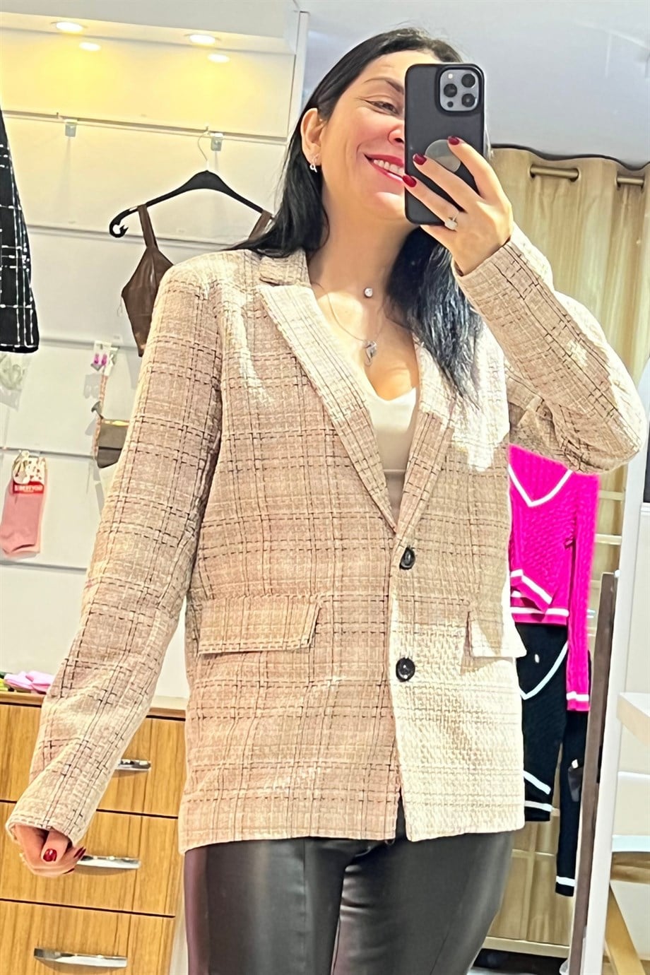 Bej Tüvit Düğmeli Astarlı Blazer Ceket