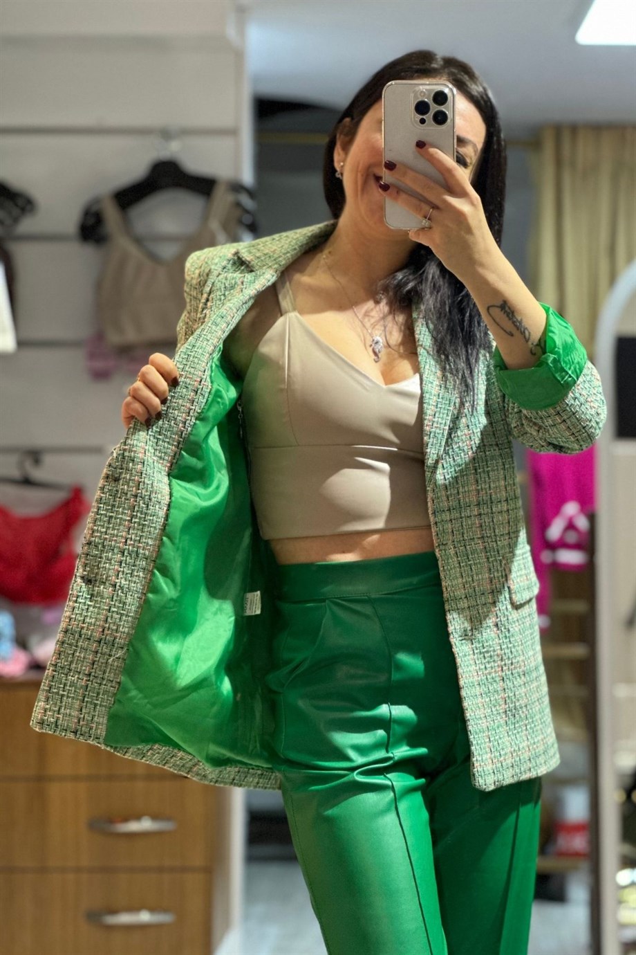 Tüvit Düğmeli Astarlı Blazer Ceket Yeşil